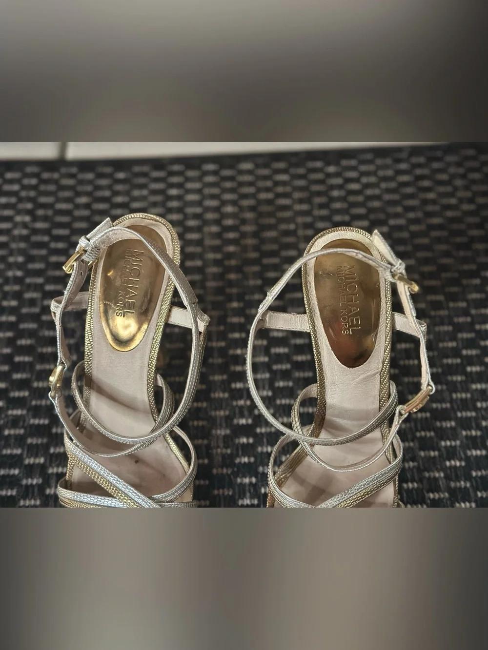 Michael Kors “Cicely” Silver & Gold Leather Strappy Platform Stiletto Heels